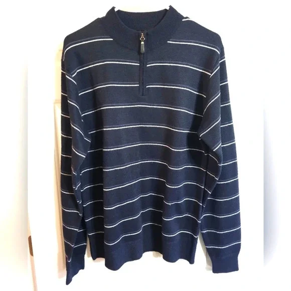 Line 48 Mens Large Navy Blue White Stripe 1/4 Zip Mock Neck Sweater Preppy VTG - Picture 2 of 8